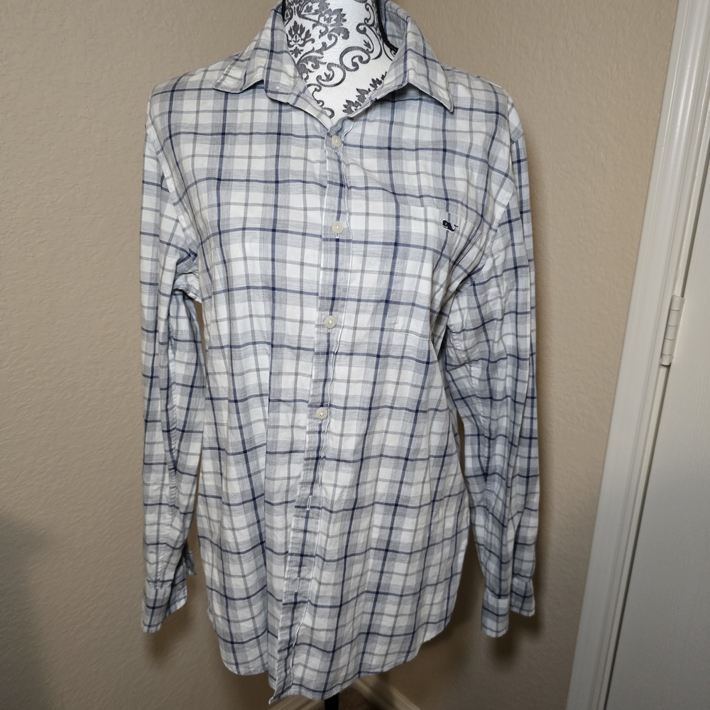 55. Vineyard Vines Men's Blue and White Plaid Shirt